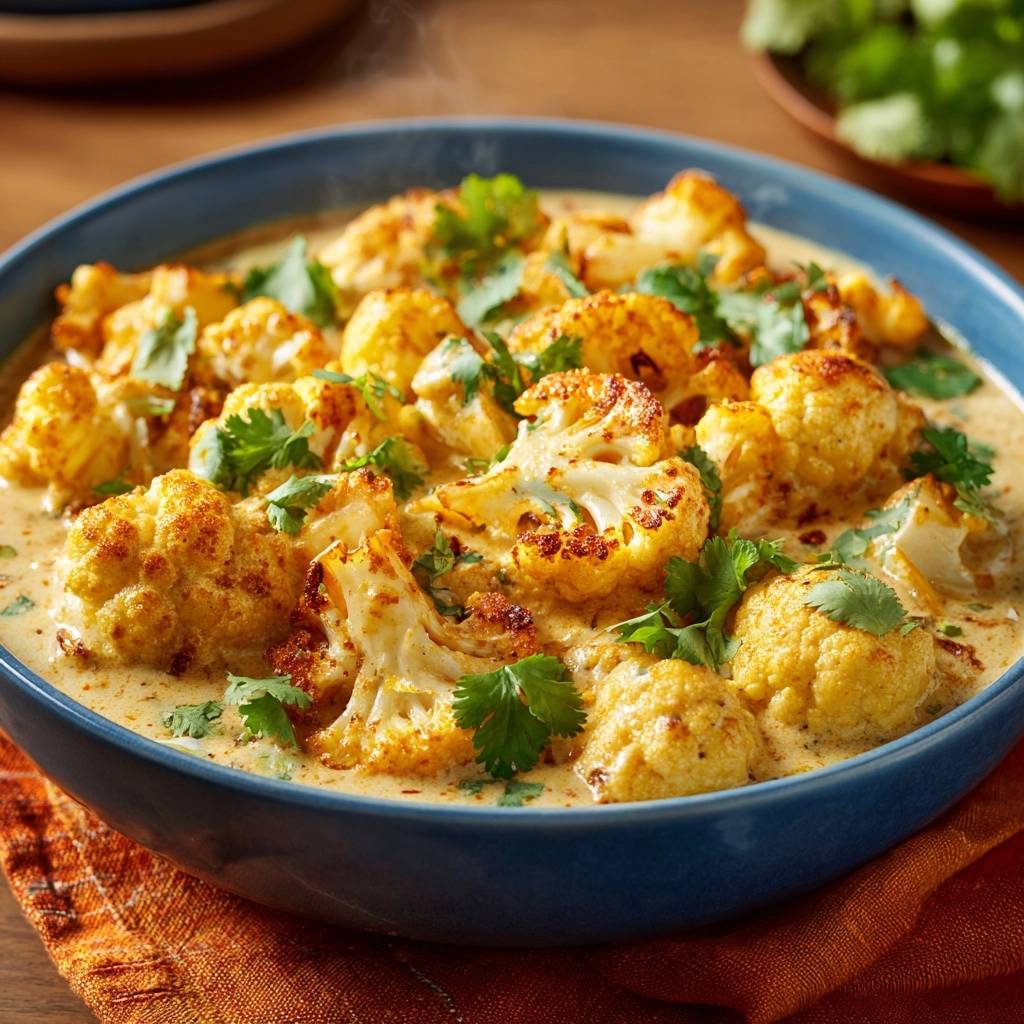 Cremiges Blumenkohl-Curry, serviert in einem blauen Napf, mit frischem Koriander garniert und leichtem Dampf aufsteigend.