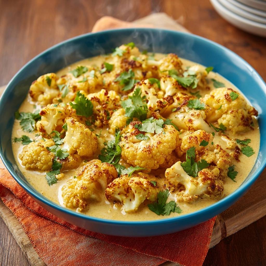 Cremiges Blumenkohl-Curry mit frischem Koriander, nahaufnahme der dampfenden Florets in der cremigen Sauce.