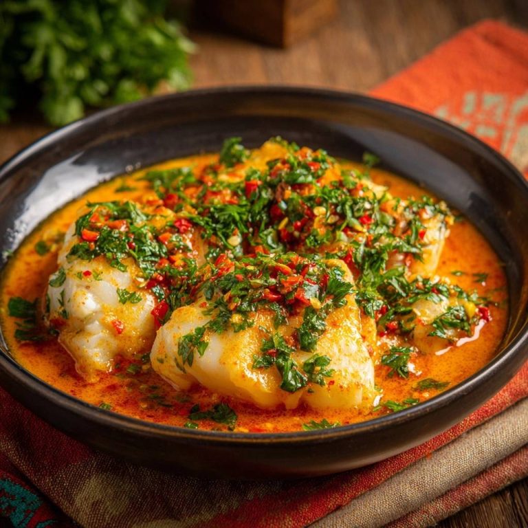 Cremiges Fisch-Curry mit Koriander, serviert in einer dunklen Schüssel und großzügig garniert mit frischen Kräutern und Chili.
