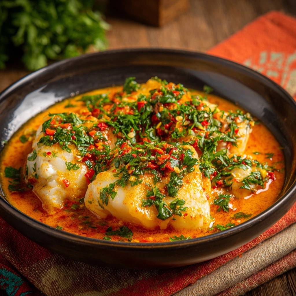 Cremiges Fisch-Curry mit Koriander, serviert in einer dunklen Schüssel und großzügig garniert mit frischen Kräutern und Chili.
