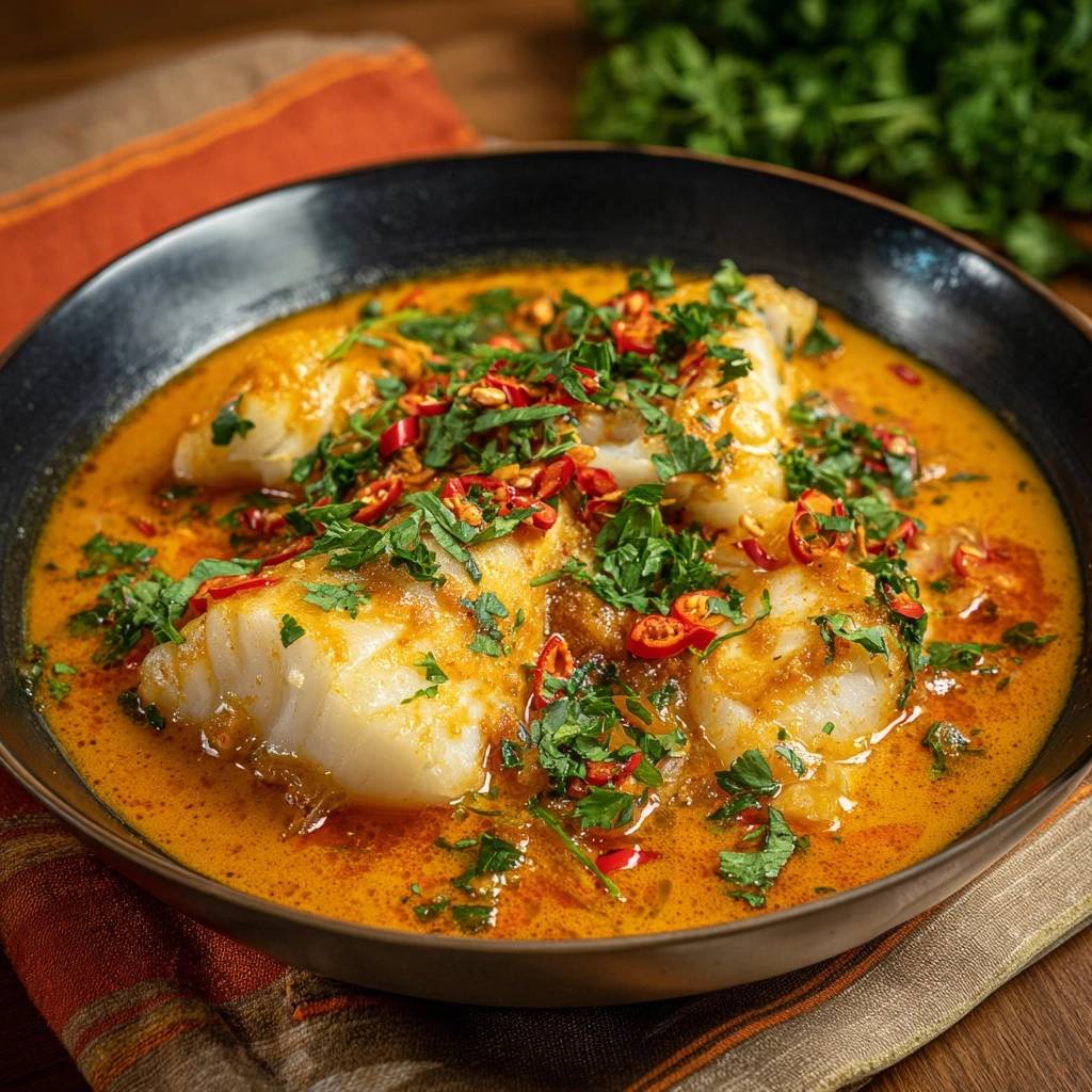 Cremiges Fisch Curry Mit Koriander Garniert 1 Cremiges Fisch-Curry mit Koriander, garniert mit roten Chilis und frischen Kräutern in einer schwarzen Schüssel.