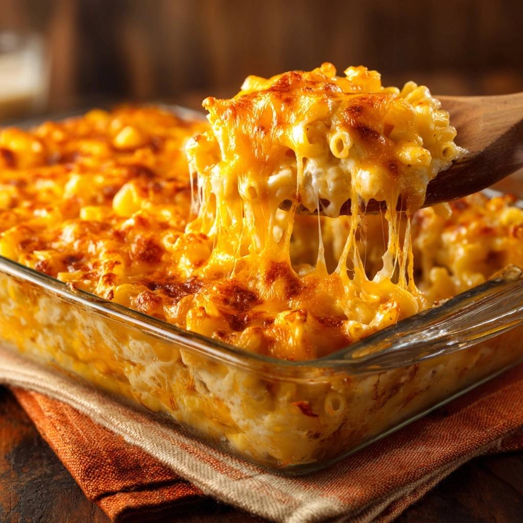 Cremiges gebackenes Mac and Cheese mit langen, zischenden Käsefäden, die von einem Holzlöffel gezogen werden.