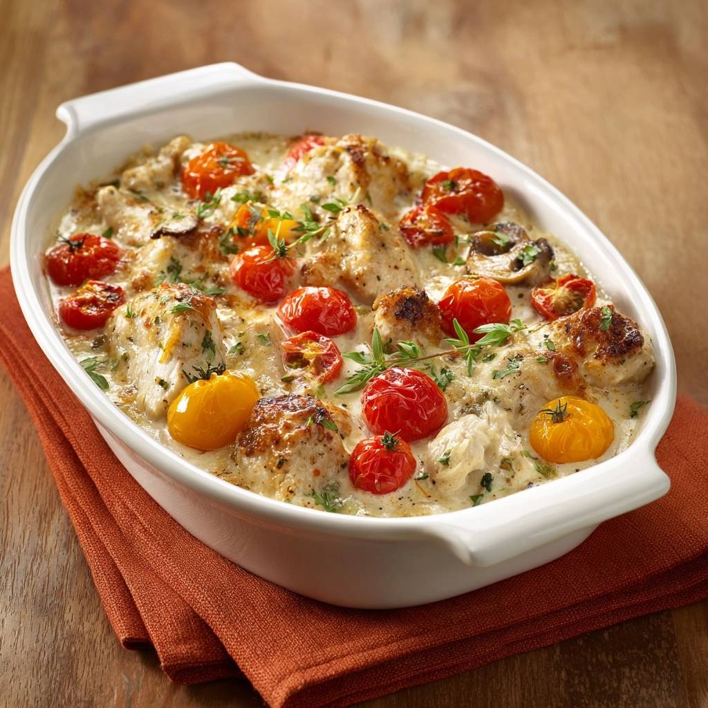Cremiges Haehnchen Tomaten Auflauf Nahaufnahme 1 Cremiges Hähnchen-Tomaten-Auflauf in einer weißen Auflaufform mit Kirschtomaten und Kräutern, nahaufnahme.