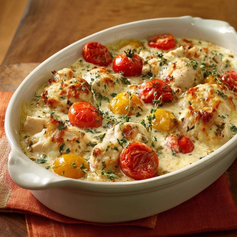 Cremiges Hähnchen-Tomaten-Auflauf, nahaufnahme der saftigen Hähnchenstücke mit geschmolzenem Käse und Kirschtomaten.