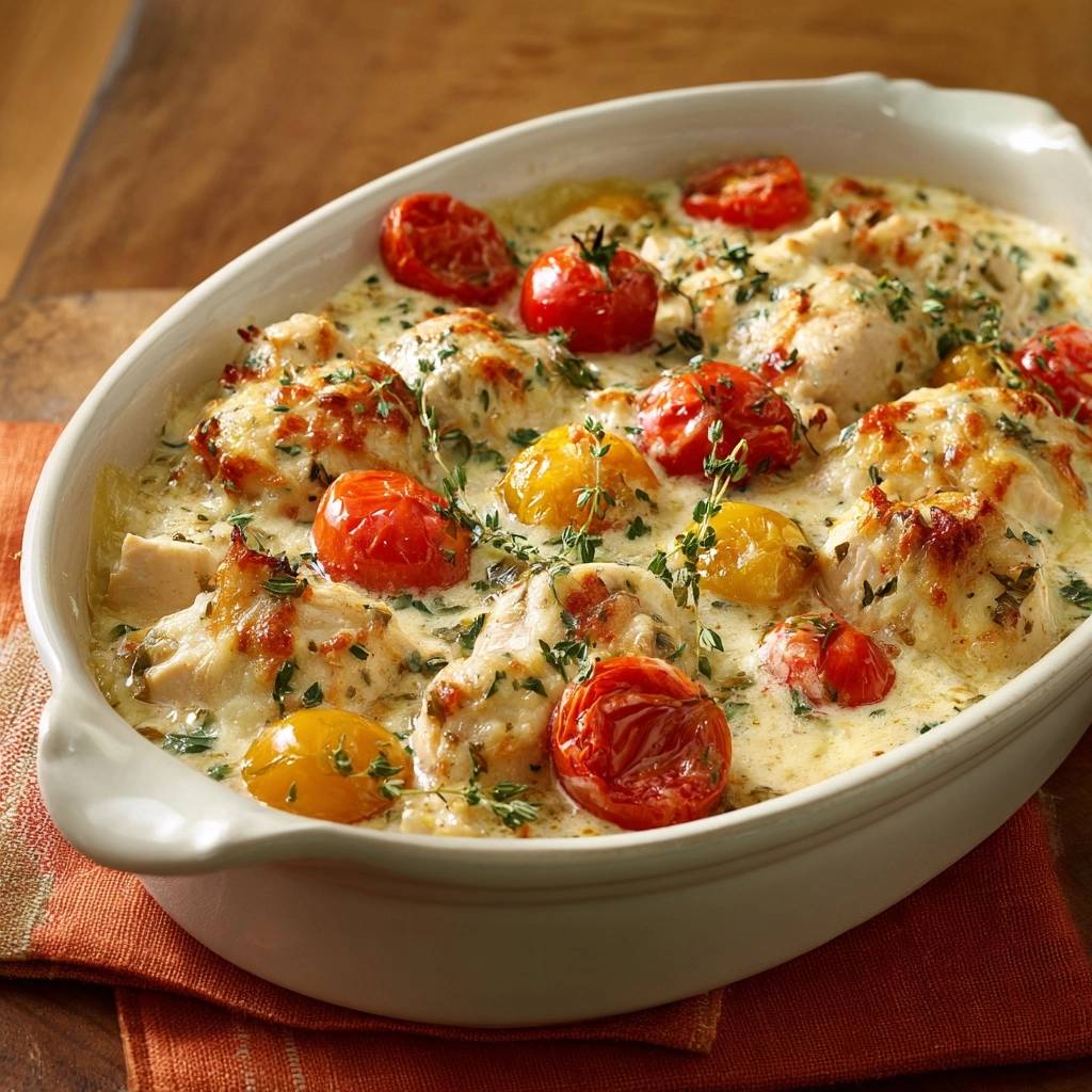 Cremiges Hähnchen-Tomaten-Auflauf, nahaufnahme der saftigen Hähnchenstücke mit geschmolzenem Käse und Kirschtomaten.