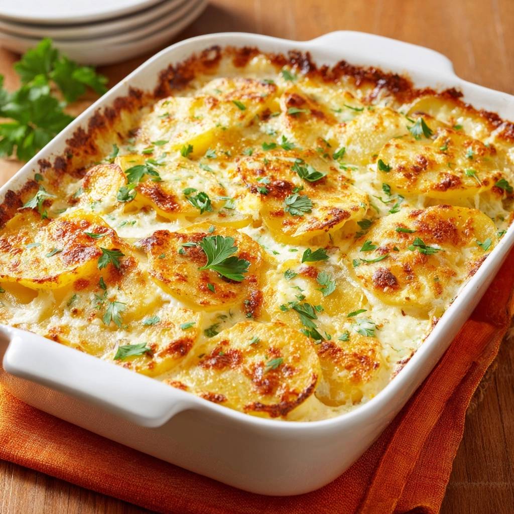 Cremiges Kartoffelgratin, frisch aus dem Ofen und mit Petersilie garniert, zeigt seine goldbraunen Kartoffelscheiben und cremige Soße.
