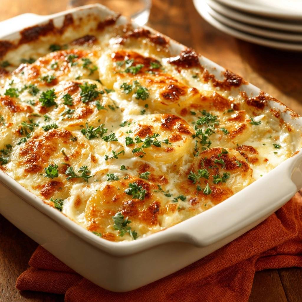 Cremiges Kartoffelgratin, mit frischer Petersilie garniert und goldbraun überbacken in einer Auflaufform.
