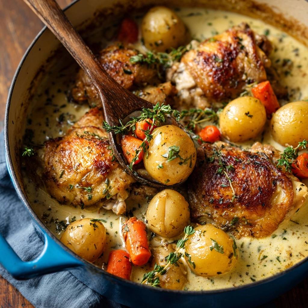 Cremiges Kräuter-Hähnchen aus dem Topf mit zarten Kartoffeln und Karotten, serviert mit einem Holzlöffel.