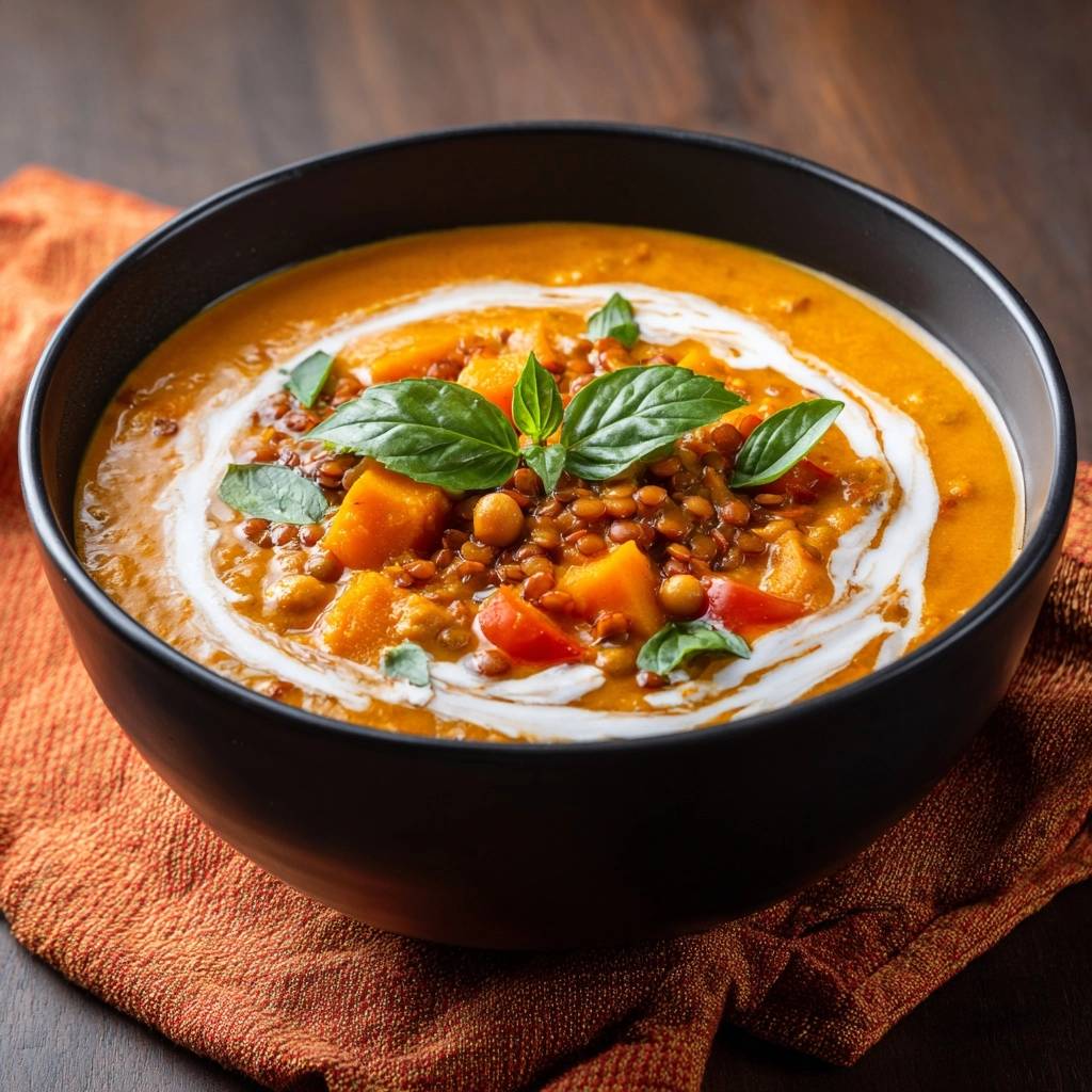 Cremiges Kürbis-Kichererbsen-Curry, garniert mit frischen Basilikumblättern und einem Klecks Kokosmilch, serviert in einer schwarzen Schüssel.
