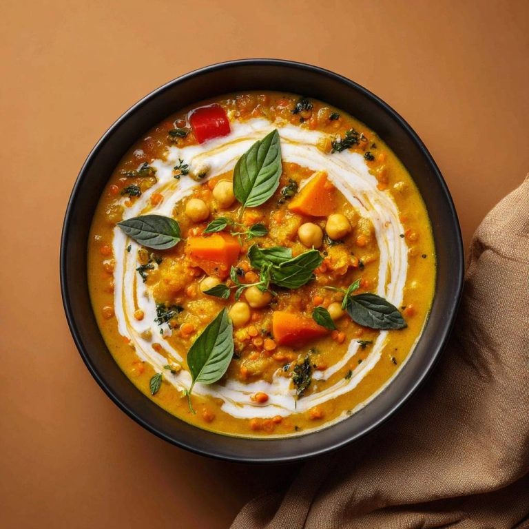 Cremiges Kürbis-Kichererbsen-Curry von oben mit Kokosmilch-Wirbel und frischen Kräutern garniert serviert in einer schwarzen Schüssel.