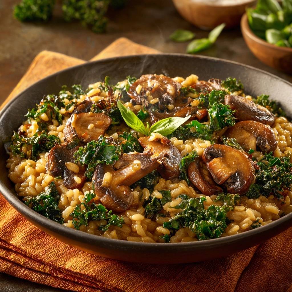 Cremiges Pilz-Risotto mit Grünkohl, eine dampfende Schüssel voller Pilze und Grünkohl, Nahaufnahme