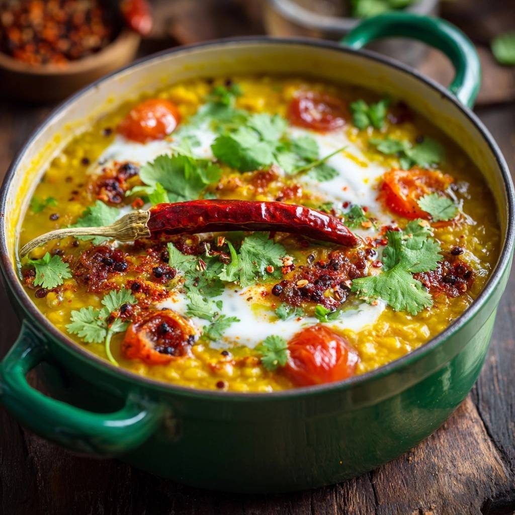 Cremiges Rotes Linsencurry Detail Garnitur 1 Cremiges rotes Linsencurry garniert mit frischem Koriander, Kirschtomaten und einer ganzen Chilischote.