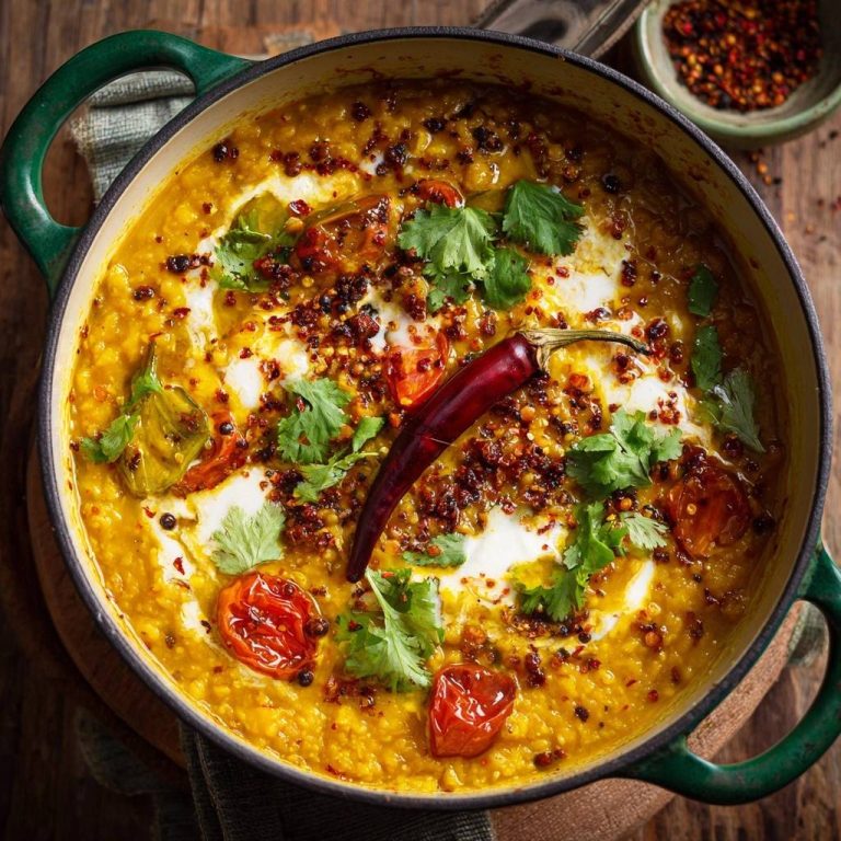 Cremiges rotes Linsencurry als Draufsicht mit einer Garnitur aus frischem Koriander und einer Chilischote serviert.
