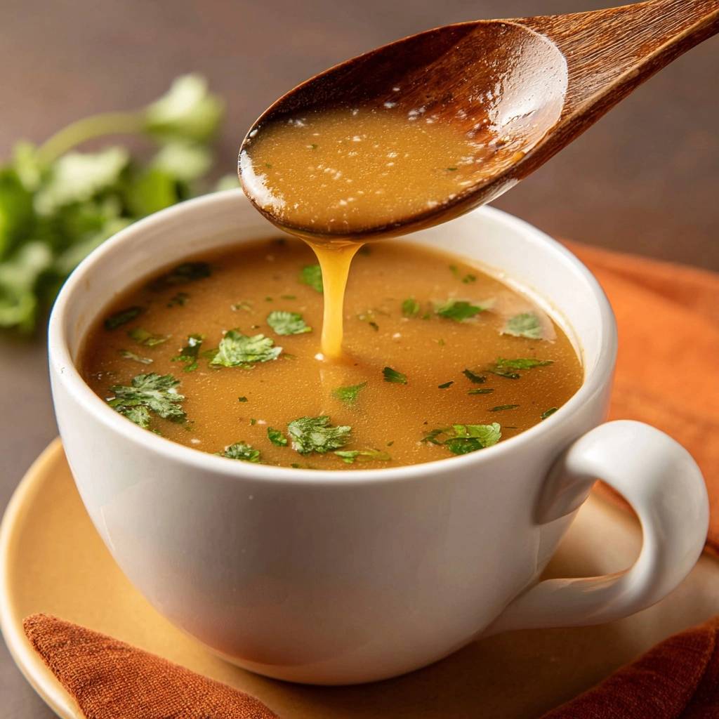 Dunkle Bratensauce Schaumig Mit Holzloeffel 1 Die ultimative dunkle Bratensauce wird mit einem Holzkochlöffel über einer Tasse serviert, was die schaumige Textur zeigt.