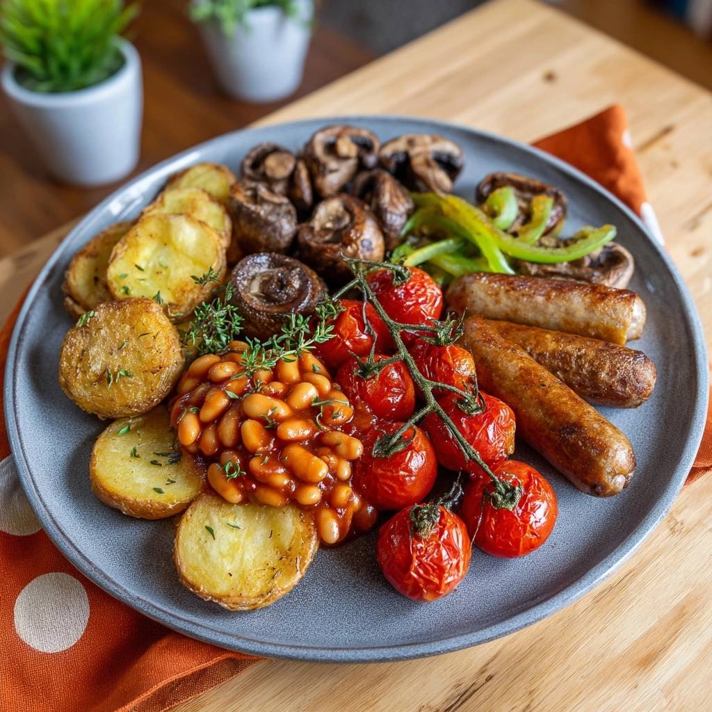 Englisches Power Fruehstueck Auf Teller 1 Englisches Power-Frühstück mit knusprigen Röstkartoffeln, Würstchen, Bohnen und Pilzen auf einem Teller serviert.