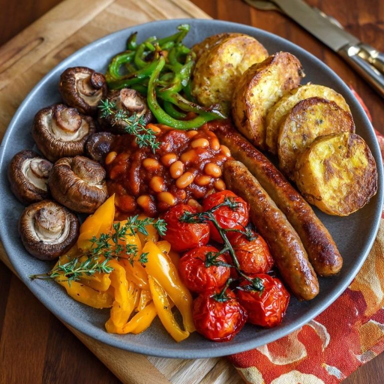 Englisches Power-Frühstück mit knusprigen Röstkartoffeln, serviert auf einem grauen Teller mit Würstchen, Bohnen und Gemüse.