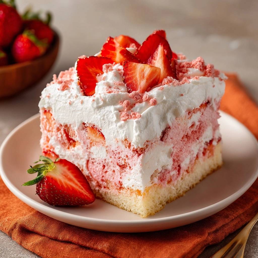 Erdbeer-Sahnetorte als angeschnittenes Stück auf einem Teller mit frischen Erdbeeren garniert
