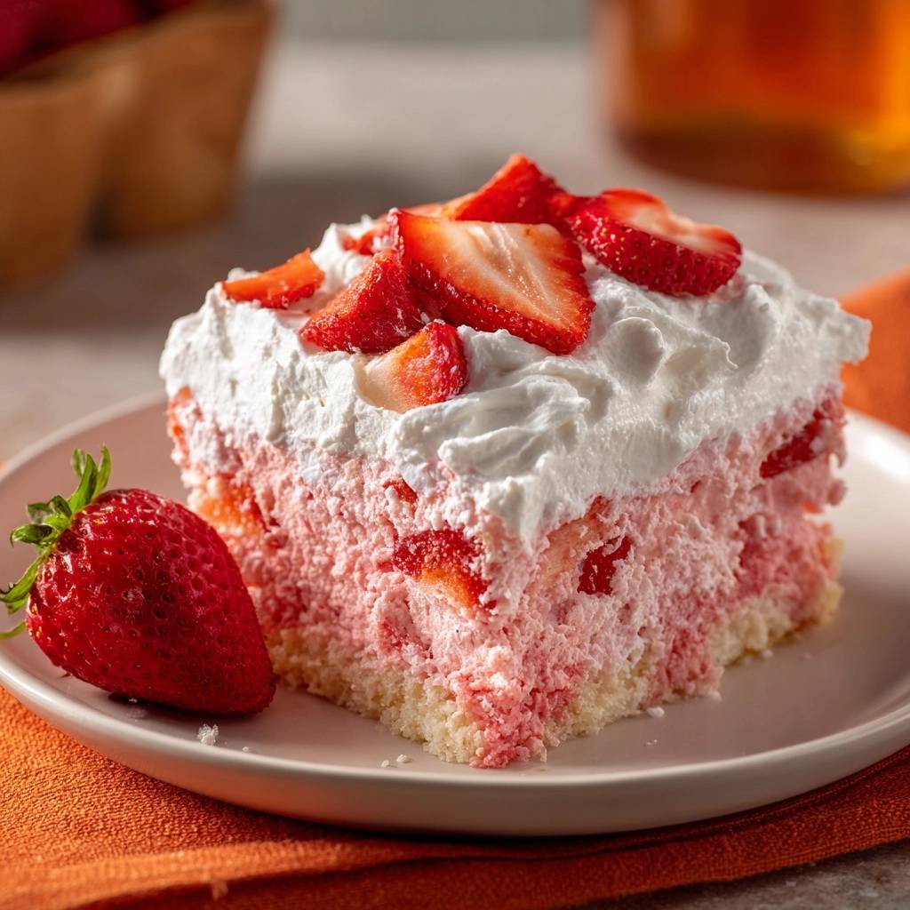 Erdbeer-Sahnetorte als Nahaufnahme eines angeschnittenen Stücks auf einem Teller, garniert mit frischen Erdbeeren und Sahne.