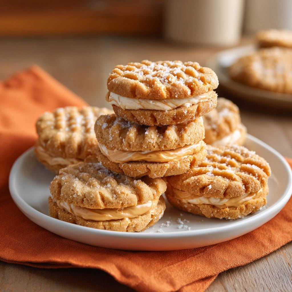 Erdnussbutter-Keks-Sandwiches als Stapel nah aufgenommen mit sichtbarer Füllung und Zuckerstreuseln.