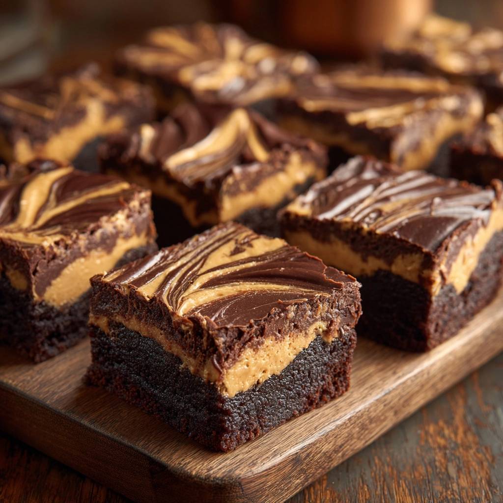 Erdnussbutter Schoko Brownies mit fudge-artiger Textur, nahaufnahme eines angeschnittenen Brownies auf einem Holzbrett