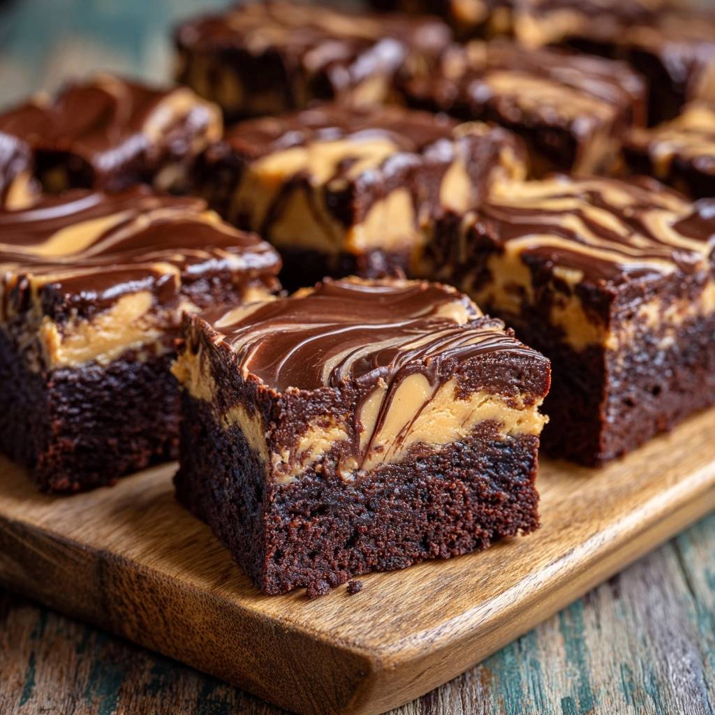 Erdnussbutter Schoko Brownies angeschnitten auf einem Holzbrett, mit Schokoladenguss und Erdnussbutter-Swirls.