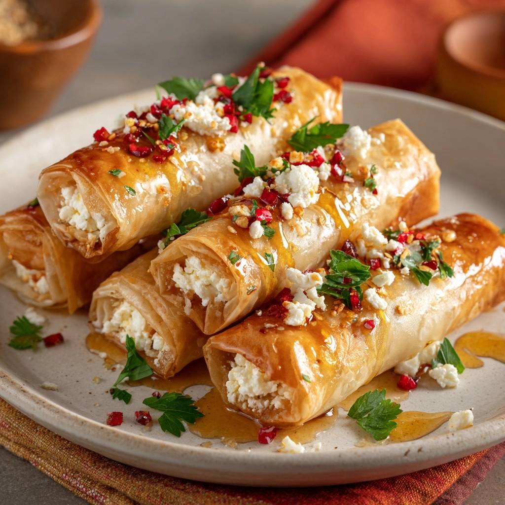 Knusprige Feta-Honig-Phyllorollen garniert mit Feta, Granatapfelkernen und Petersilie auf einem Teller.