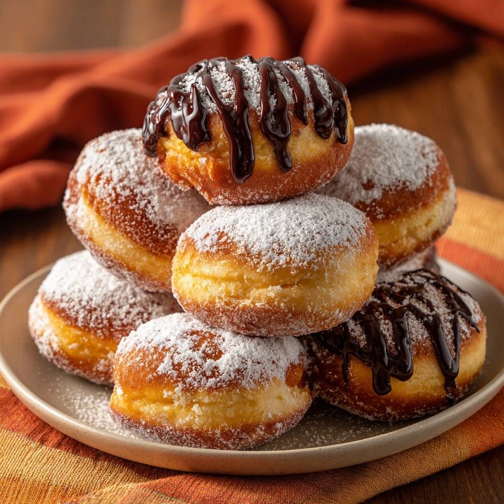 Fluffige Berliner mit Schokoguss als appetitlicher Stapel auf einem Teller, mit Puderzucker bestäubt und Schokoglasur beträufelt.