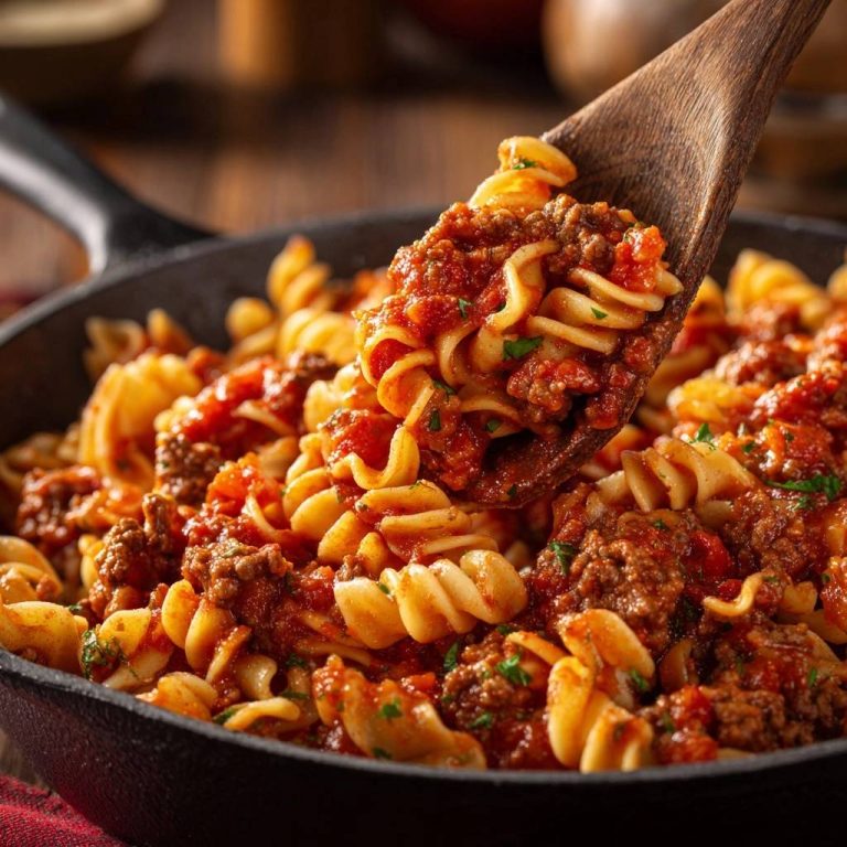 Herzhafte Fusilli Bolognese mit einer Portion auf einem Holzlöffel, nahaufnahme der fleischsauce und nudeln