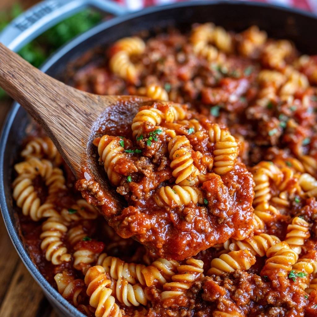 Fusilli Bolognese Nahaufnahme Holzloeffel 1 Herzhafte Fusilli Bolognese mit einer Nahaufnahme auf einem Holzkochlöffel, die die Textur der Sauce und Pasta zeigt.