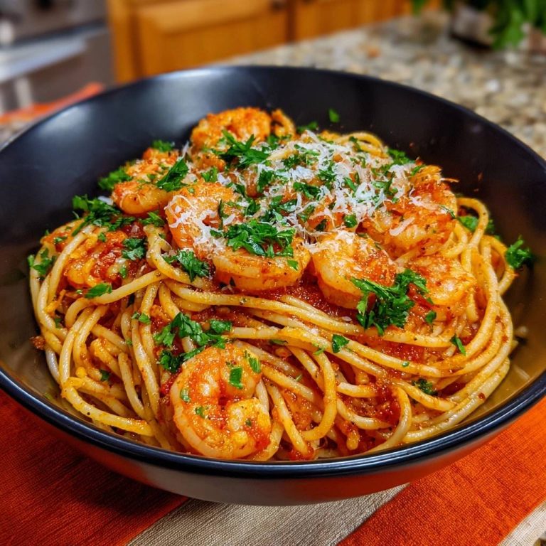 Saftige Garnelen-Spaghetti mit Tomatensauce, garniert mit frischer Petersilie und Parmesan in einer schwarzen Schüssel.