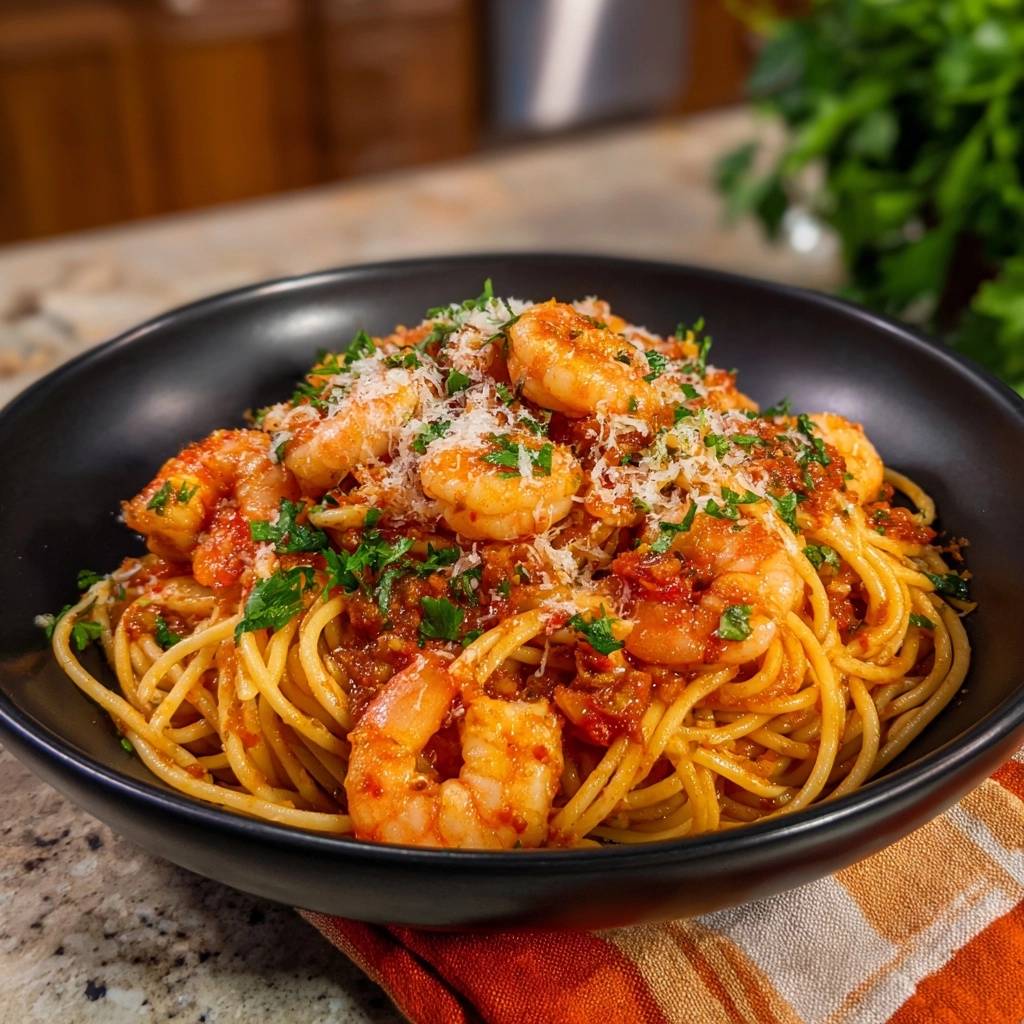 Garnelen Spaghetti Nahaufnahme Serviert 1 Saftige Garnelen-Spaghetti werden in einer schwarzen Schüssel serviert, garniert mit Parmesan und Petersilie.