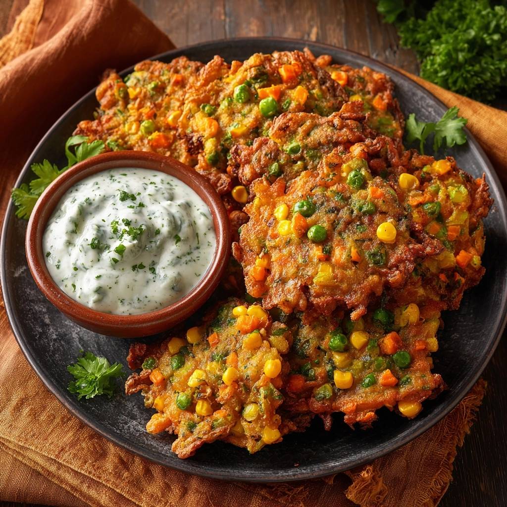 Knusprige Gemüse-Pakoras mit Kräuter-Dip, nahaufnahme auf einem Teller mit Dip-Schale daneben.