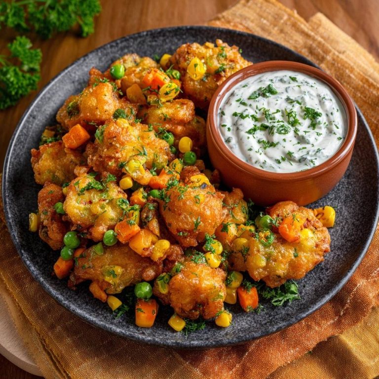 Knusprige Gemüse-Pakoras mit Kräuter-Dip, serviert auf einem dunklen Teller aus einer leicht erhöhten Draufsicht mit Dip-Schale.