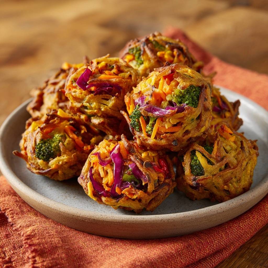 Gemuese Pakoras Nahaufnahme Teller 1 Knusprige Gemüse-Pakoras auf einem Teller, Nahaufnahme, die die bunten Gemüsestücke und die goldbraune Teigkruste zeigen.