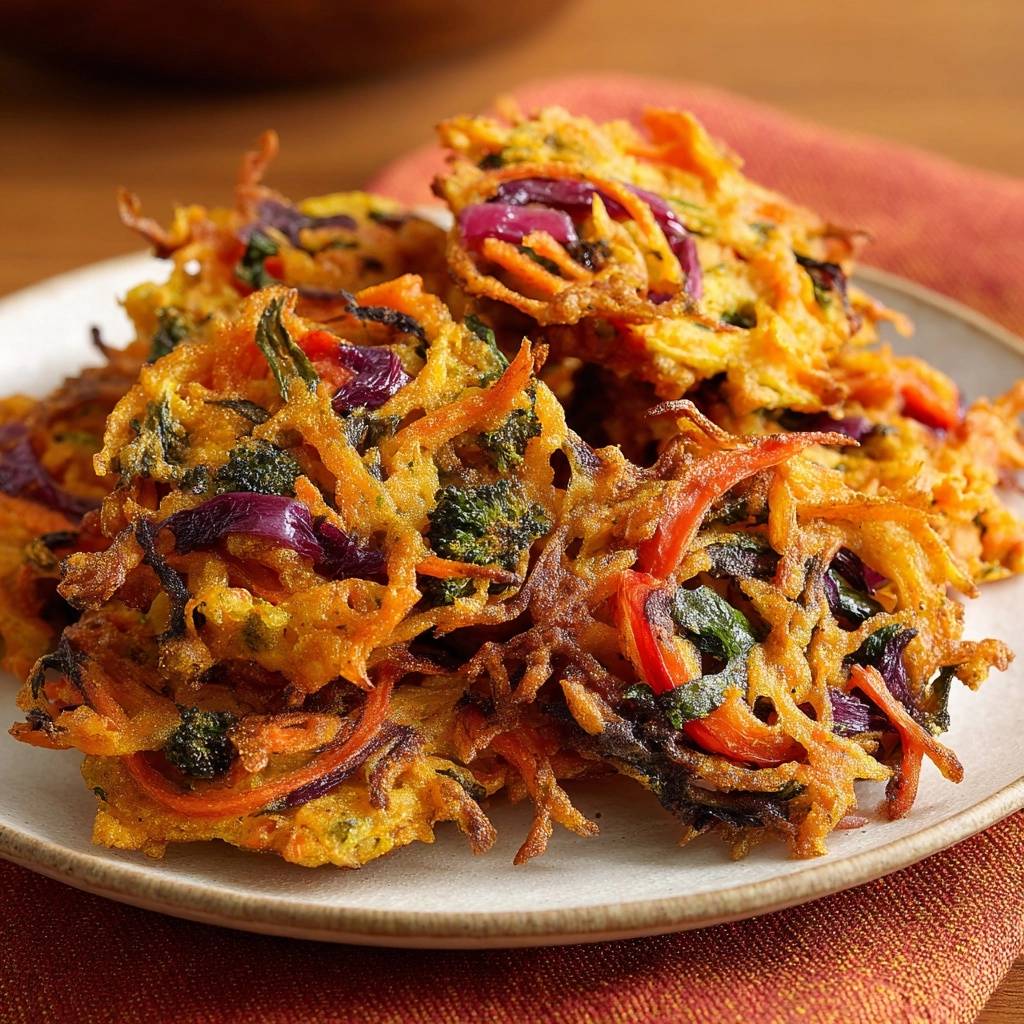 Knusprige Gemüse-Pakoras auf einem Teller von nah aufgenommen, mit sichtbaren Karotten- und Zwiebelstreifen.