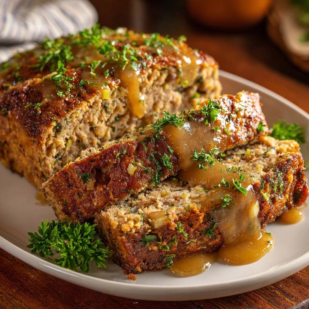 Glasiertes Paprika-Meatloaf angeschnitten mit frischer Petersilie und Sauce garniert, Nahaufnahme des saftigen Inneren.