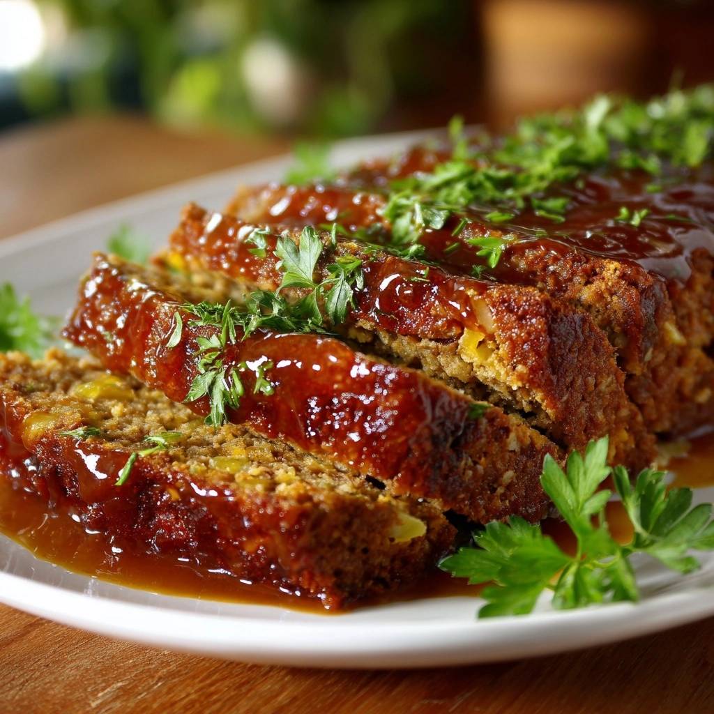 Glasiertes Paprika-Meatloaf angeschnitten auf einem Teller mit frischer Petersilie garniert und glänzender Glasur.