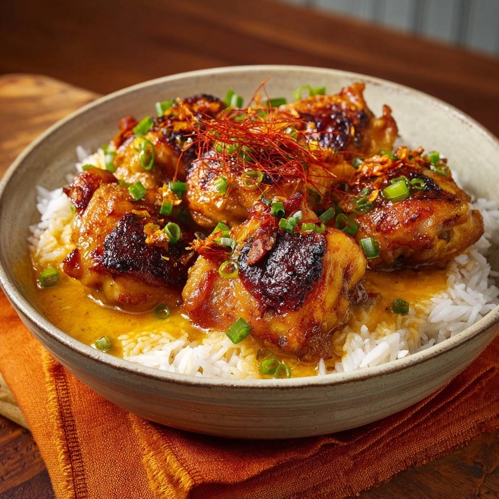 Gochujang Huhn Mit Reis Detail Garnitur 1 Koreanisches Gochujang-Hähnchen mit Reis, serviert in einer Schüssel mit detaillierter Garnitur aus Frühlingszwiebeln und Chilifäden.