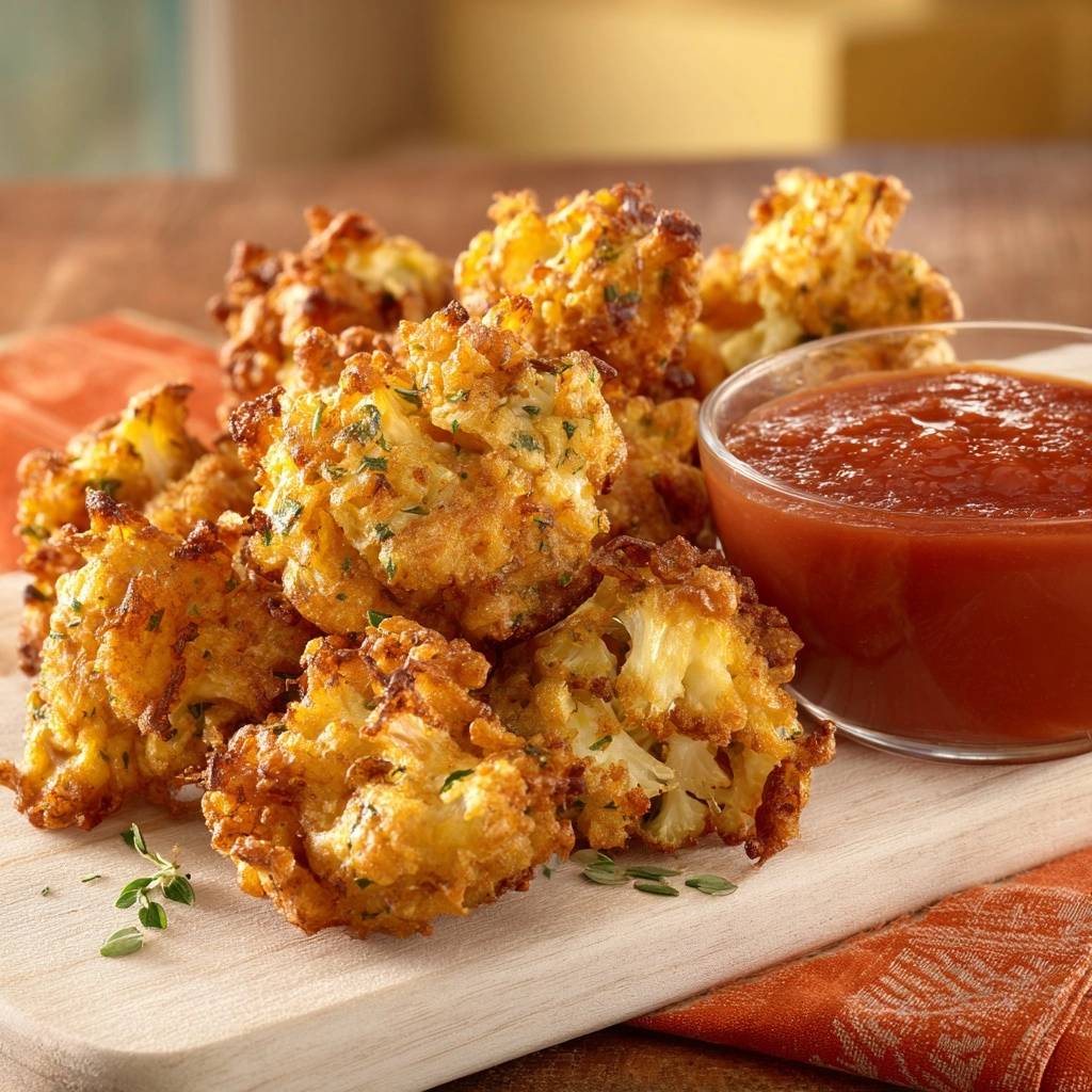 Goldene Blumenkohl-Bites als Nahaufnahme mit einer Schüssel Dip-Sauce auf einem Holzbrett serviert.