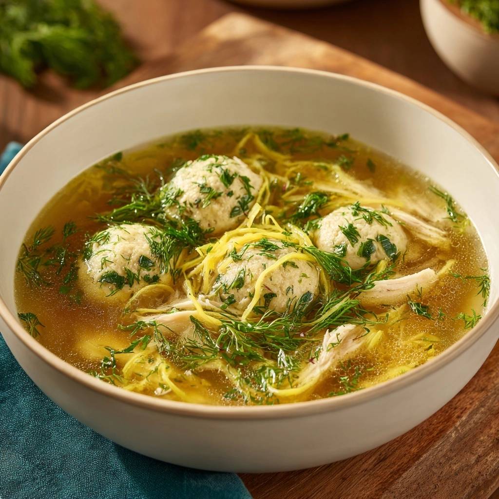 Goldene Hühnersuppe mit gebratenen Geflügel-Klößchen, serviert in einer Schüssel mit viel Dill und Nudeln, Nahaufnahme.