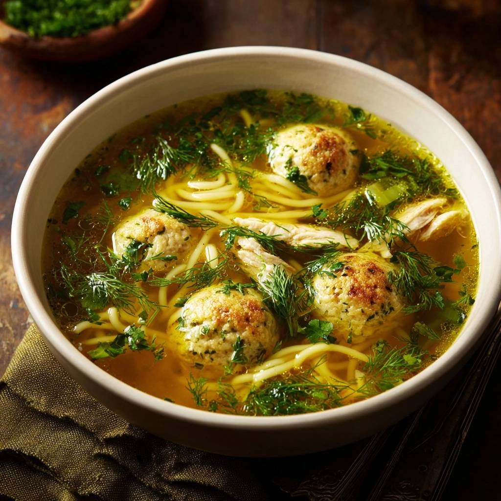 Goldene Hühnersuppe mit gebratenen Geflügel-Klößchen, serviert in einer Schüssel mit Nudeln und frischen Kräutern, Nahaufnahme.