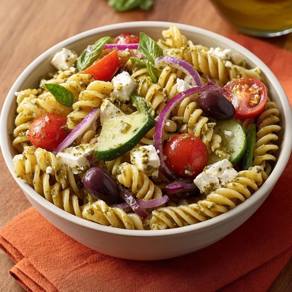 Griechischer Fusilli Salat Nahaufnahme Mit Feta 1 Griechischer Fusilli-Salat mit Feta, Tomaten, Gurken und Oliven in einer Nahaufnahme, präsentiert in einer Schüssel.