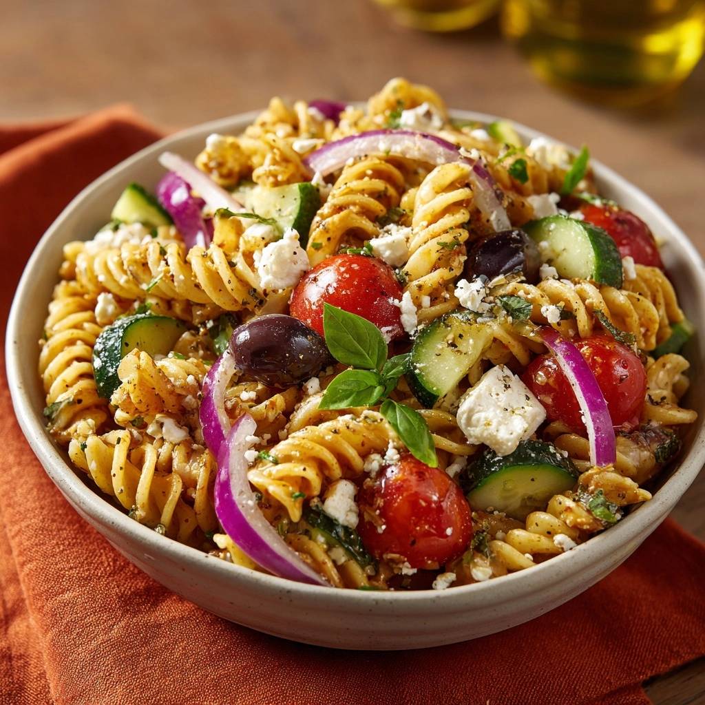 Griechischer Fusilli-Salat mit viel frischem Gemüse, Oliven und Feta-Käse in einer Schüssel, nah aufgenommen.