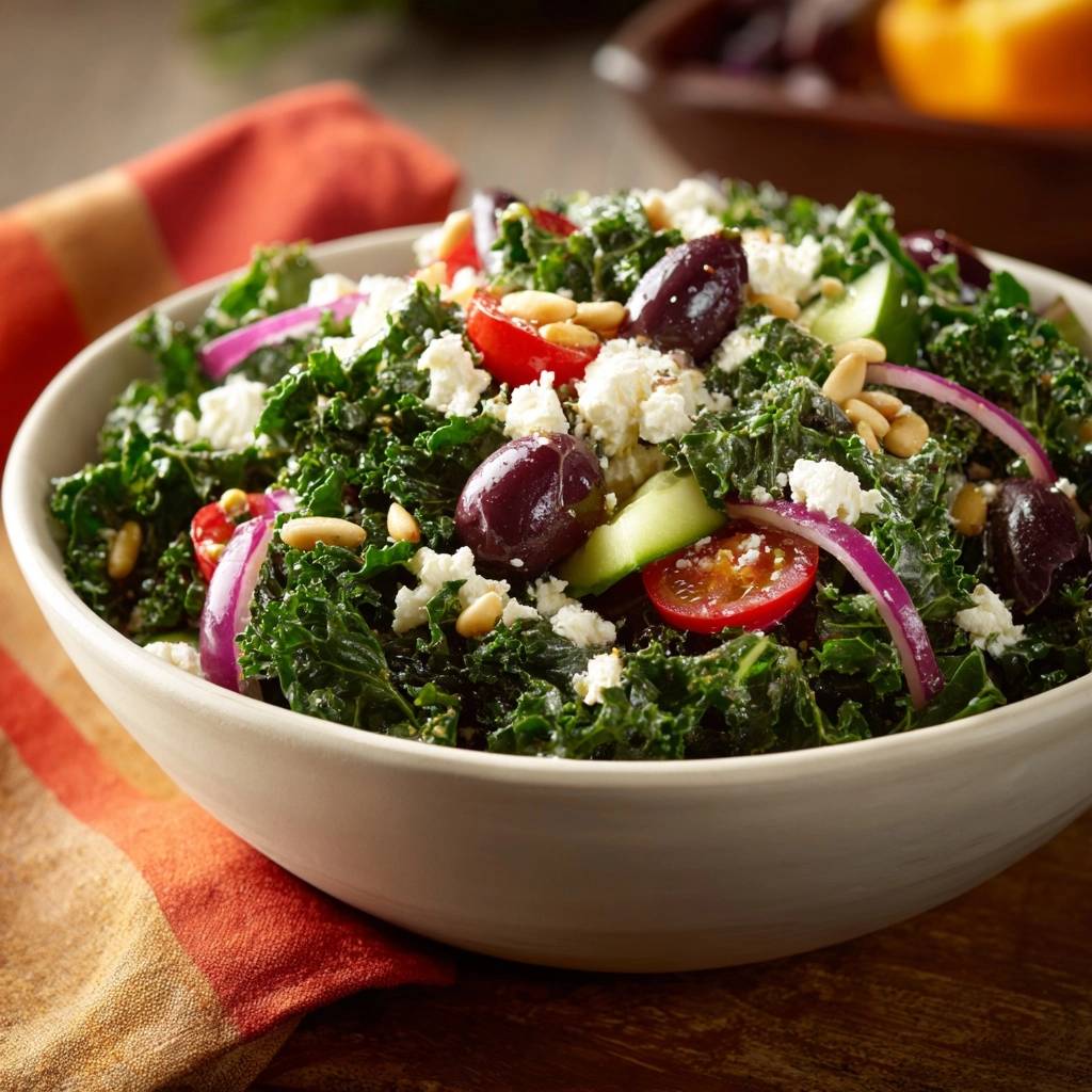 Griechischer Kale-Salat mit Feta, Oliven, Tomaten und Pinienkernen in einer Schüssel, Nahaufnahme.