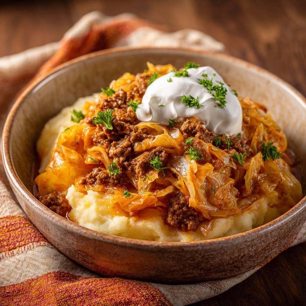 Saftiges Hack-Kraut-Gulasch mit Kartoffelpüree, serviert in einer Schüssel mit einem Klecks Sauerrahm und Petersilie garniert.
