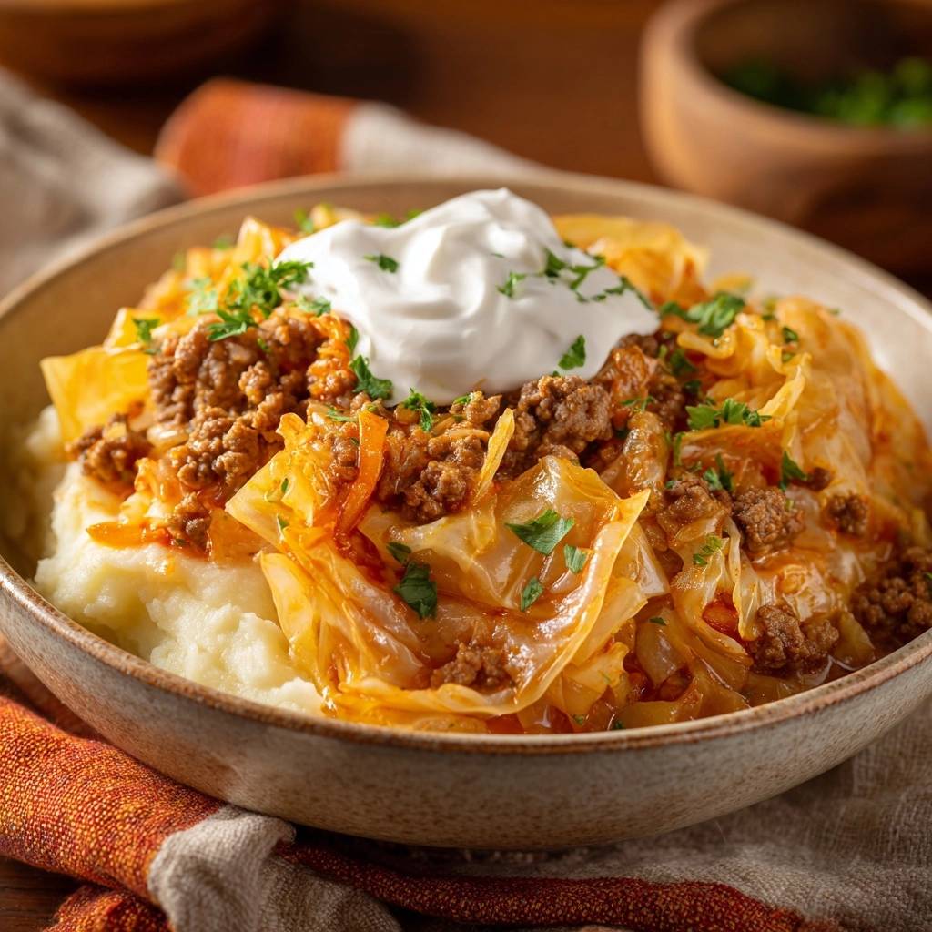 Saftiges Hack-Kraut-Gulasch mit Kartoffelpüree, garniert mit einem Klecks Sauerrahm und Petersilie in einer Schüssel.