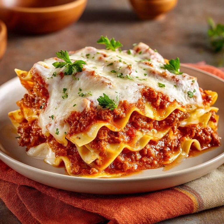 Perfekte Hackfleisch-Lasagne, angeschnitten, zeigt die geschichteten Nudelplatten und die reichhaltige Hackfleischsauce.