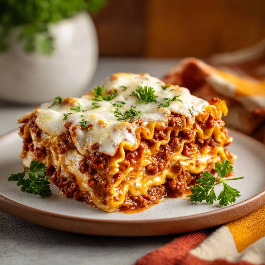 Hackfleisch Lasagne Angeschnitten Auf Teller 1 Perfekte Hackfleisch-Lasagne angeschnitten auf einem Teller, mit geschmolzenem Käse und Petersilie garniert