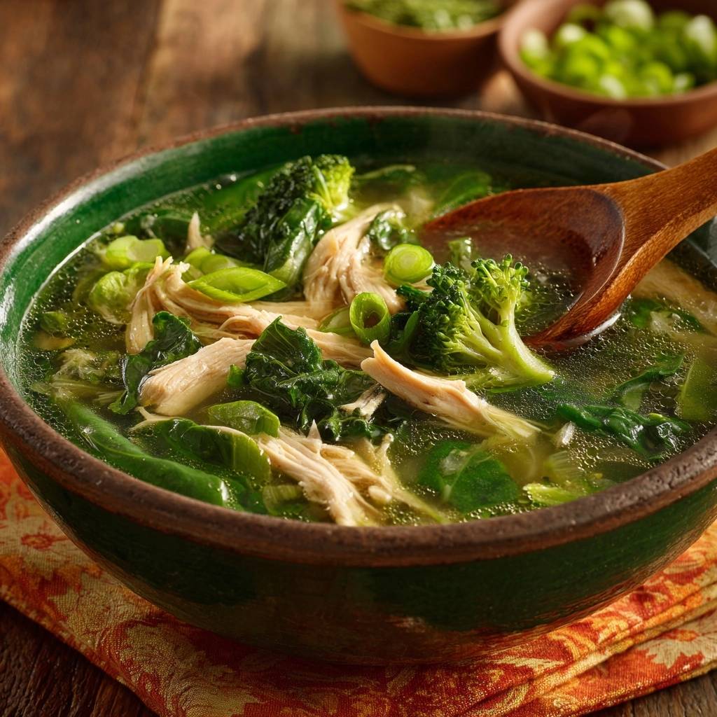 Hahnchen Brokkoli Suppe Holzloeffel 1 Herzhafte Hähnchen-Brokkoli-Suppe mit einem Holzkochlöffel, der eine Portion aus einer grünen Schüssel schöpft.