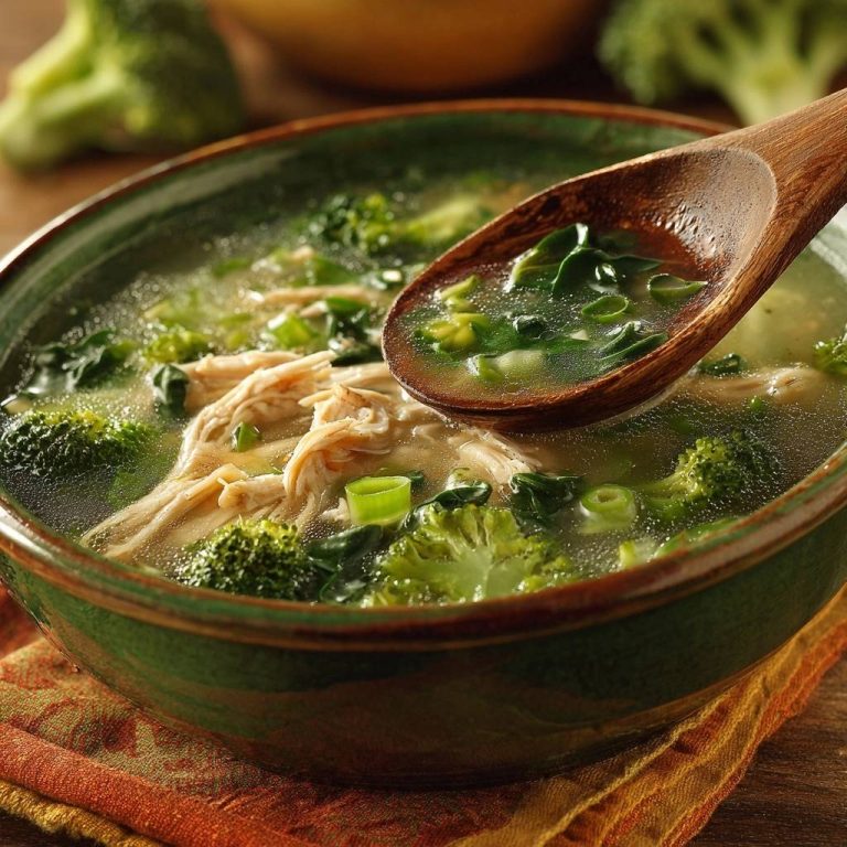 Herzhafte Hähnchen-Brokkoli-Suppe, eine Holz-Kelle nimmt eine Portion mit Brokkoli und Huhn auf.